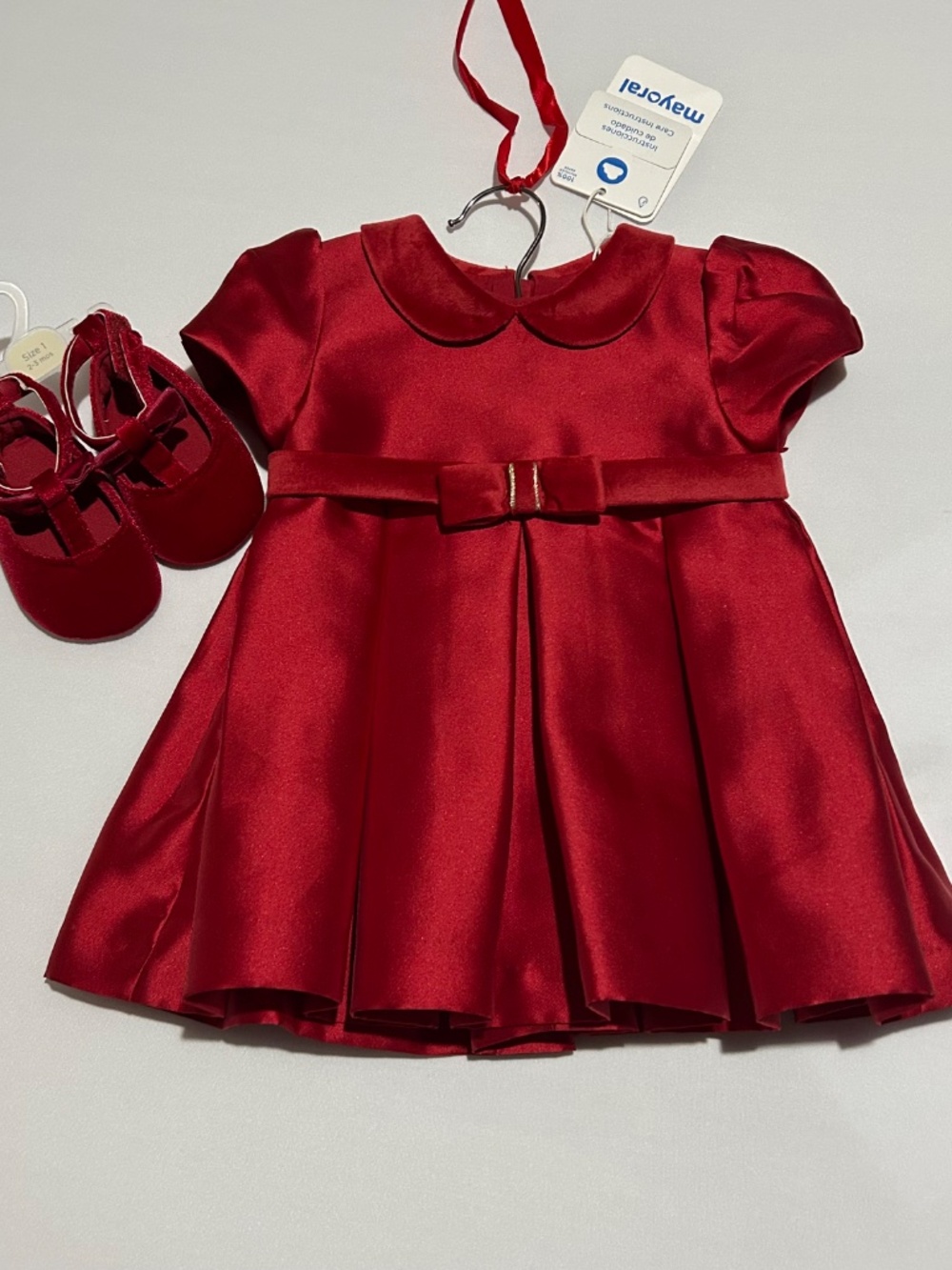 NWT Mayoral Baby Girl Red Satin Dress & Velvet Mary Jane Shoes Set – Size 6M